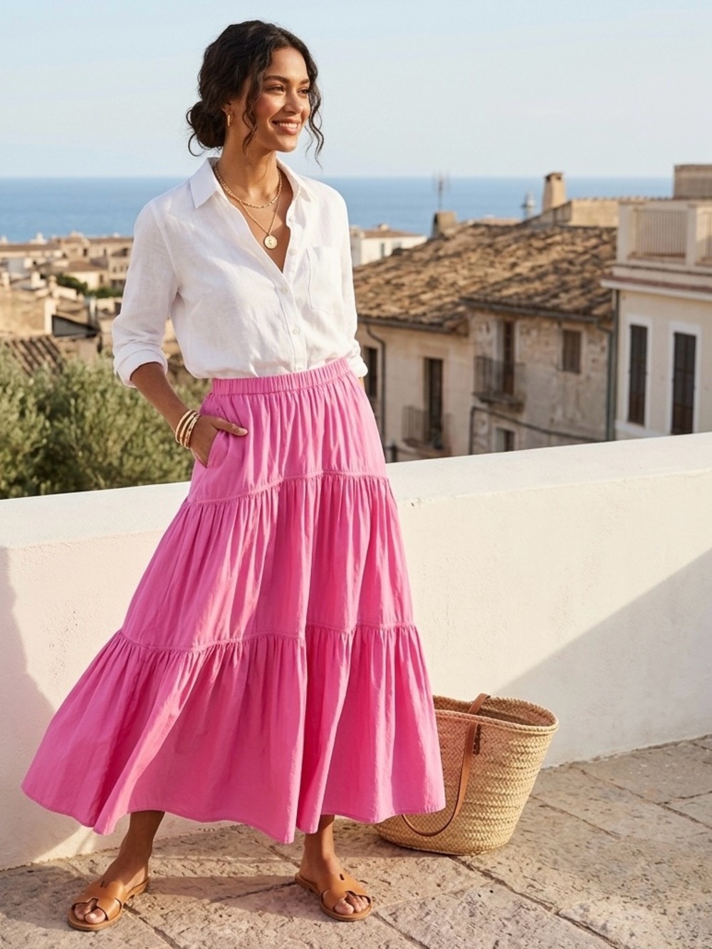 Pink Tiered Maxi Skirt